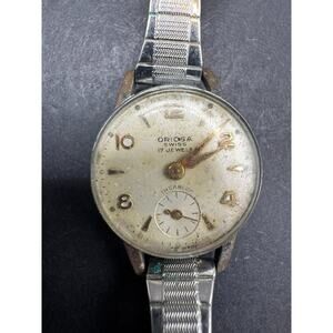 Vtg Oriosa Swiss 17 Jewels Incabloc Silver Tone Mechanical Watch Stretch Band